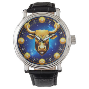 Golden Taurus Bull In Cosmic Zodiac Circle Watch