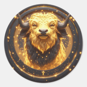 Golden Taurus Bull Within a Circular Zodiac Wheel Classic Round Sticker
