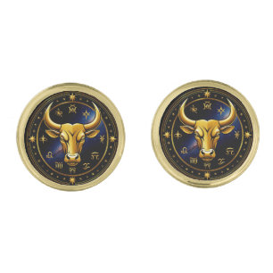 Golden Taurus Bull Within a Circular Zodiac Wheel Cufflinks