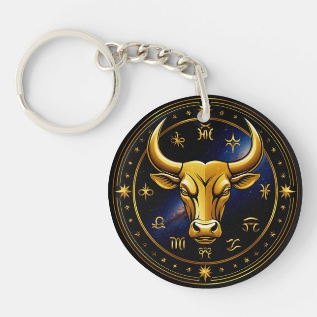 Golden Taurus Bull Within a Circular Zodiac Wheel Keychain (Front)