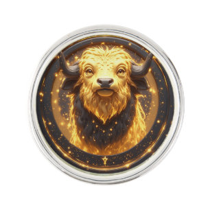 Golden Taurus Bull Within a Circular Zodiac Wheel Lapel Pin