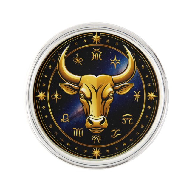 Golden Taurus Bull Within a Circular Zodiac Wheel Lapel Pin (Front)