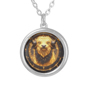 Golden Taurus Bull Within a Circular Zodiac Wheel Silver Plated Necklace