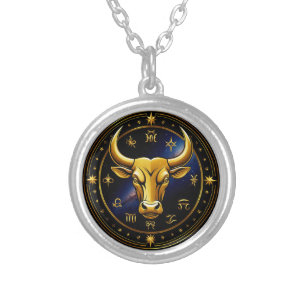 Golden Taurus Bull Within a Circular Zodiac Wheel Silver Plated Necklace