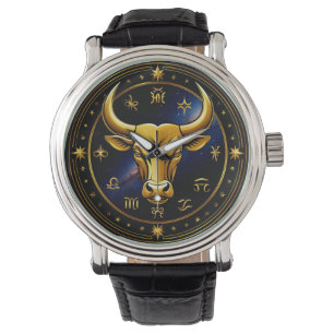 Golden Taurus Bull Within a Circular Zodiac Wheel Watch