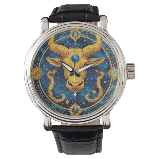 Golden Taurus Symbol On Blue Circle Watch (Front)