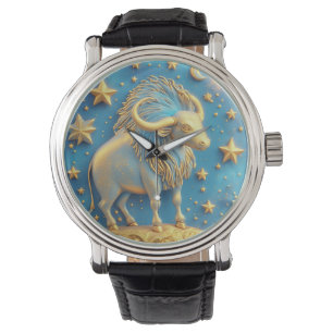Golden Taurus Symbol On Blue Circle Watch