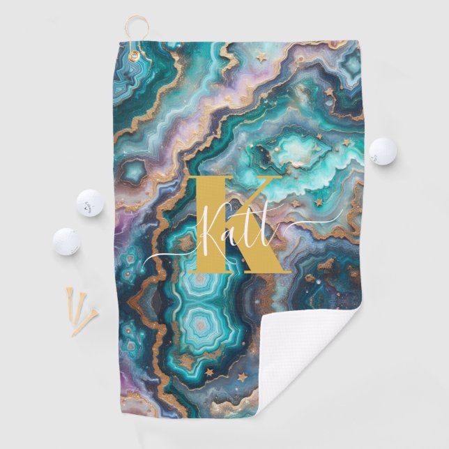 Golden Teal Aqua Agate Custom Modern Monogram Golf Towel (InSitu)