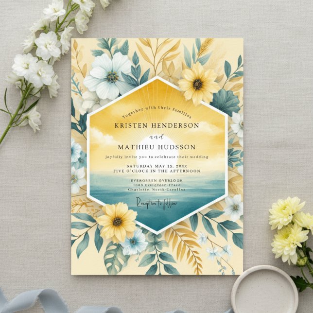 Golden Teal Coastal Wedding Invitation (Creator Uploaded)