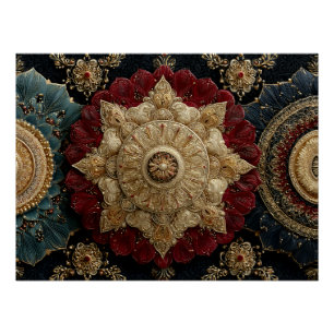 Golden Teal Crimson Ornate Mandala Jewel Art Poster
