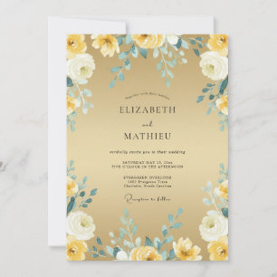 Golden Teal Foliage Eucalyptus Wedding Invitation