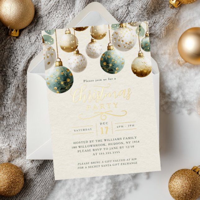Golden Teal Green Baubles Christmas Party  Foil Invitation (Creator Uploaded)