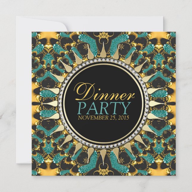 Golden Teal New Age Bohemian Dinner Party Invites (Front)