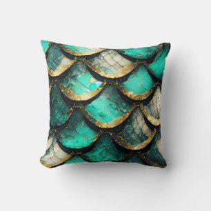 "Golden Teal Opulence: Mermaid Tail Pattern" Throw Pillow