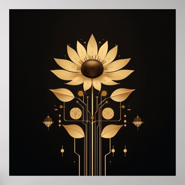 Golden Tech Bloom – Solarpunk Art Poster (Front)