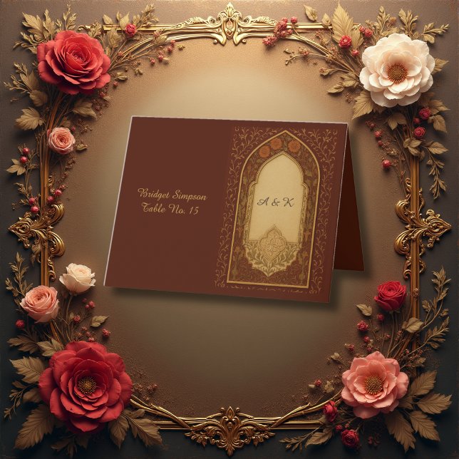 golden terracotta Arabian Floral Arch guest card (Creator Uploaded)