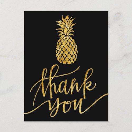 golden thank you calligraphy pineapple on black postcard