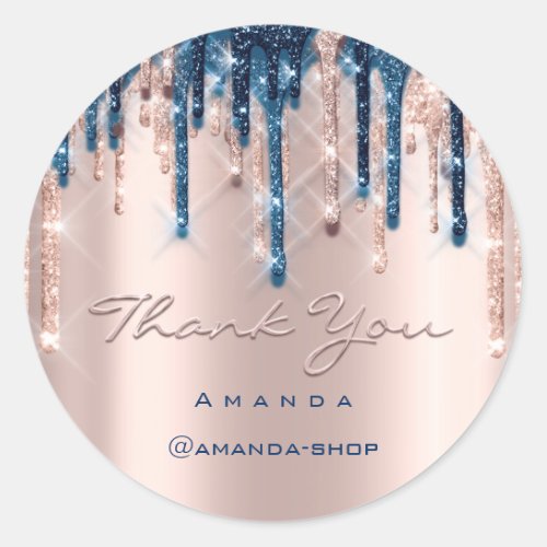 Golden Thank You Shopping Rose Glitter Drips Navy Classic Round Sticker