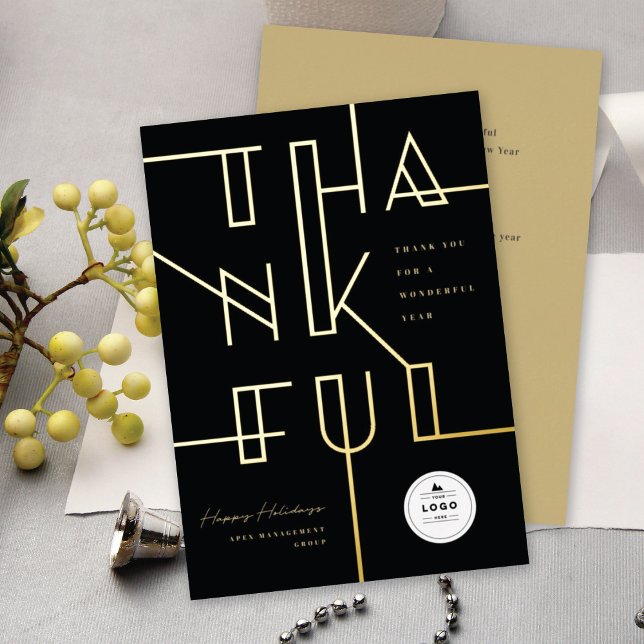 Golden Thankful Lines Stylish Typography Business Foil Holiday Card (Creator Uploaded)