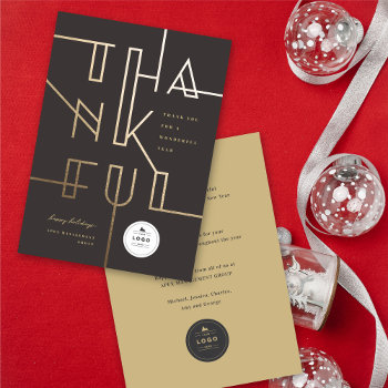 Golden Thankful Lines Stylish Typography Business Holiday Card by fat_fa_tin at Zazzle