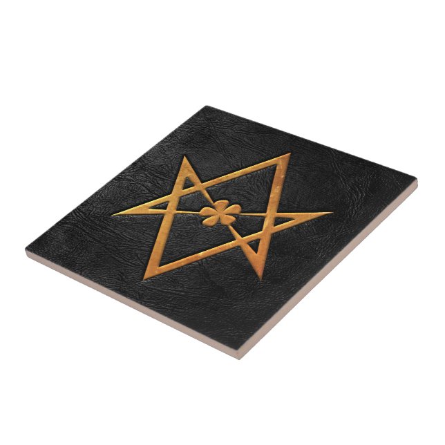 Golden Thelemic Unicursal Hexagram Black Leather Ceramic Tile (Side)