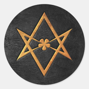 Golden Thelemic Unicursal Hexagram Black Leather Classic Round Sticker