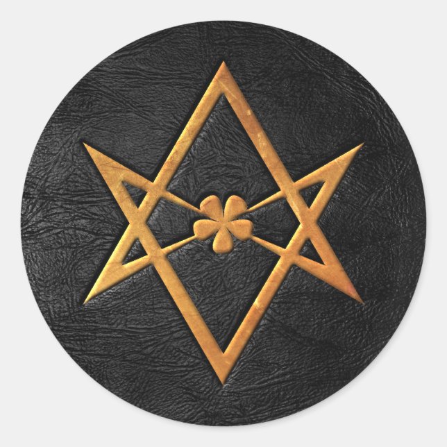 Golden Thelemic Unicursal Hexagram Black Leather Classic Round Sticker (Front)