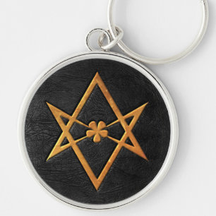 Golden Thelemic Unicursal Hexagram Black Leather Keychain