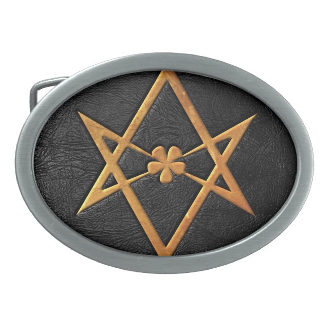 Golden Thelemic Unicursal Hexagram Black Leather Oval Belt Buckle (Front)