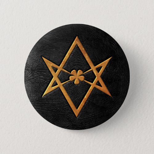 Golden Thelemic Unicursal Hexagram Black Leather Pinback Button