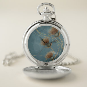 Golden Thistle Teal Blue Texture Elegance Pocket Watch