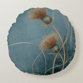 Golden Thistle Teal Blue Texture Elegance Round Pillow