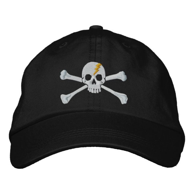 Golden Thunderbolt Crossbones Skull Embroidery Embroidered Baseball Cap (Front)