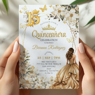 Golden Tiara Floral Beige Quinceañera Invitation