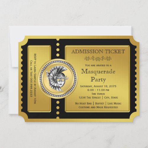 Golden Ticket Black and Gold Masquerade Party Invitation