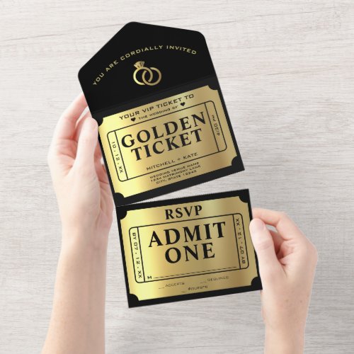 Golden Ticket Black  Gold Wedding All In One Invitation