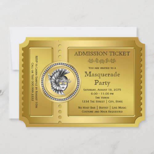 Golden Ticket Gold Masquerade Party Invitation