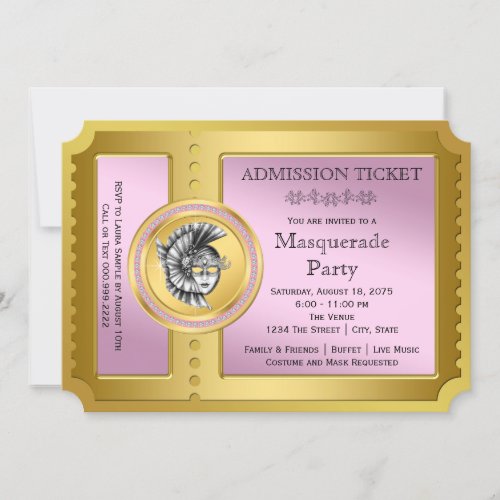Golden Ticket Pink and Gold Masquerade Party Invitation