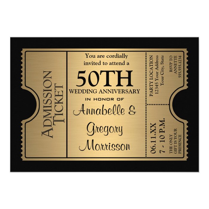 Golden Ticket Style 50th Wedding Anniversary Party Custom Invitation