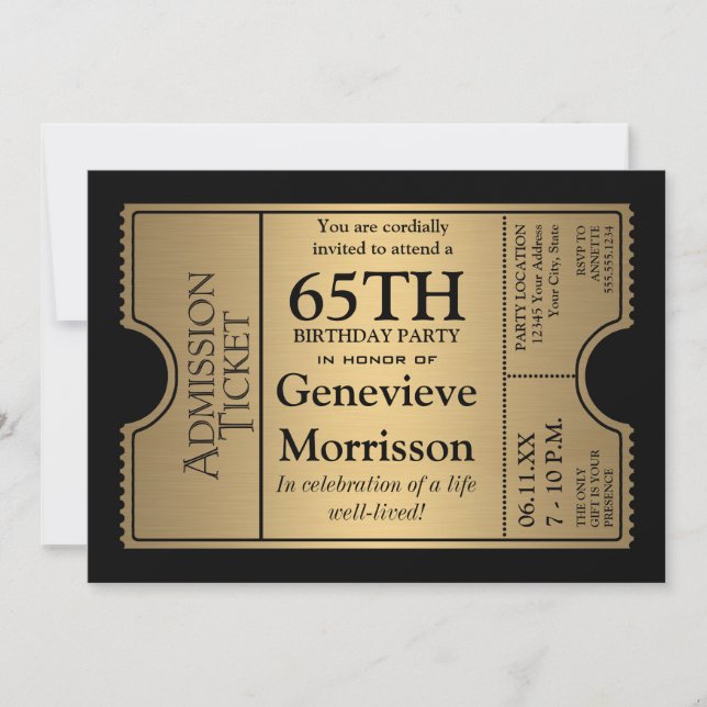 Golden Ticket Style 65th Birthday Party Invite (Front)