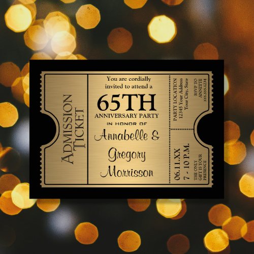 Golden Ticket Style 65th Wedding Anniversary Party Invitation