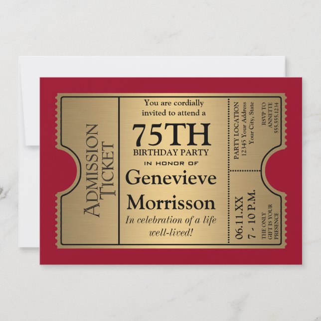 Golden Ticket Style 75th Birthday Party Invite (Front)