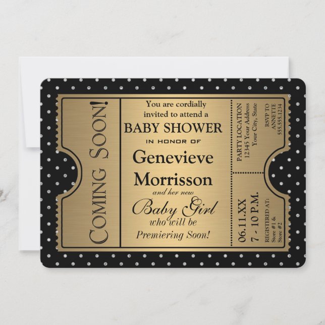Golden Ticket Style Black Gold Girl Baby Shower Invitation (Front)