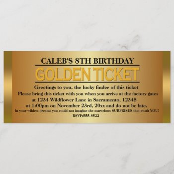 Golden Ticket Type Birthday Party Event Invitation by printabledigidesigns at Zazzle