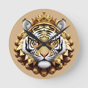 Golden Tiger Crest Emblem Round Clock