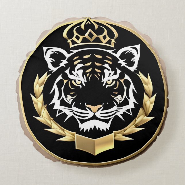 Golden Tiger Crest Emblem Round Pillow (Front)