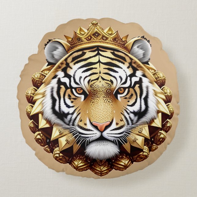 Golden Tiger Crest Emblem Round Pillow (Front)