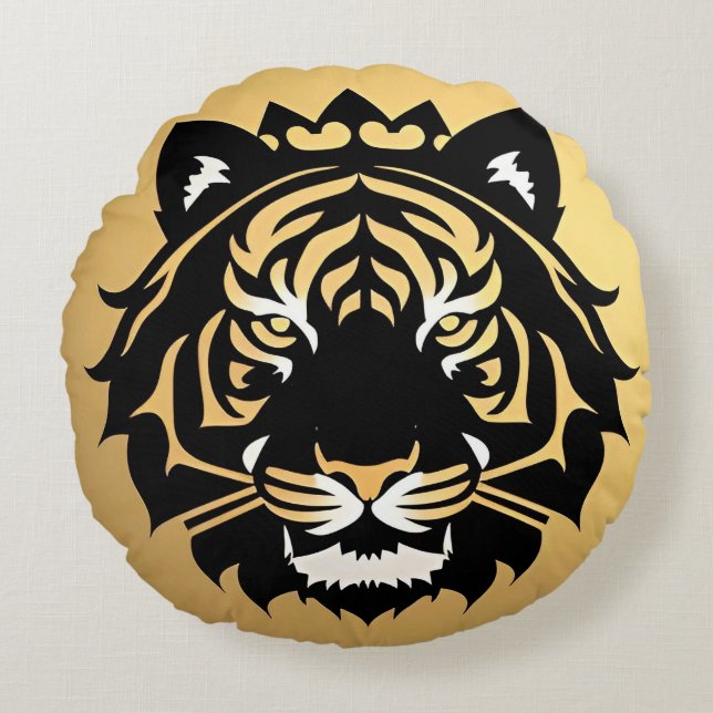 Golden Tiger Crest Emblem Round Pillow (Front)