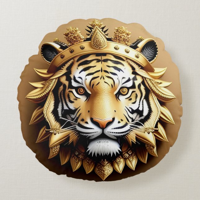 Golden Tiger Crest Emblem Round Pillow (Front)
