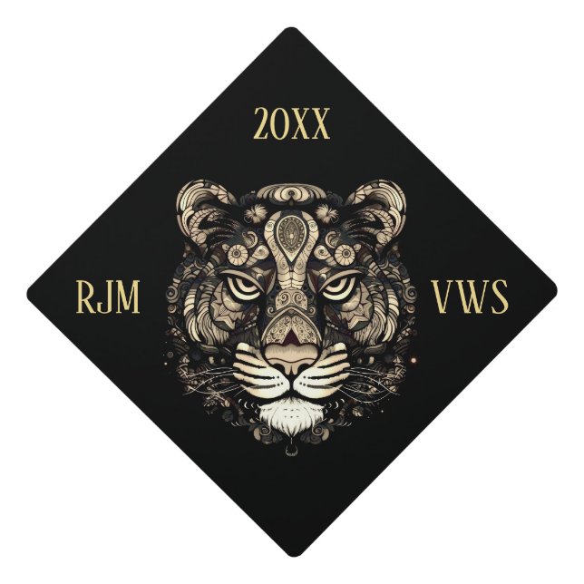 Golden Tiger Head Monograms Date Graduation Cap Topper (Front)